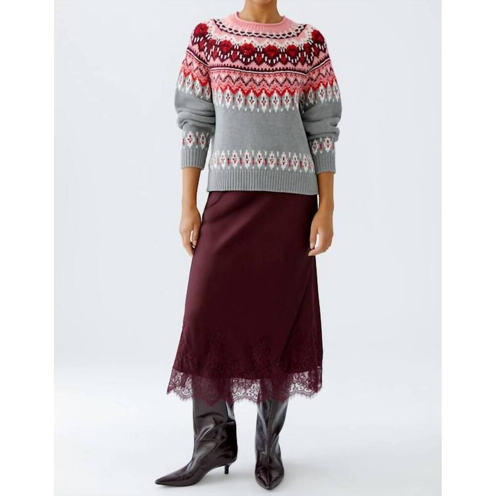 NEW OUI crew neck pullover sweater in grey/red